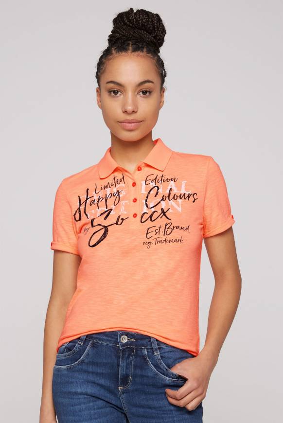 Soccx Kurzarmpolo mit Print und Pailletten neon orange