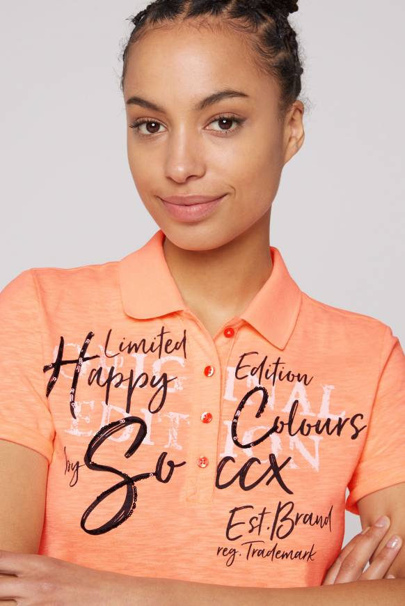 Soccx Kurzarmpolo Mit Print Und Pailletten Neon Orange