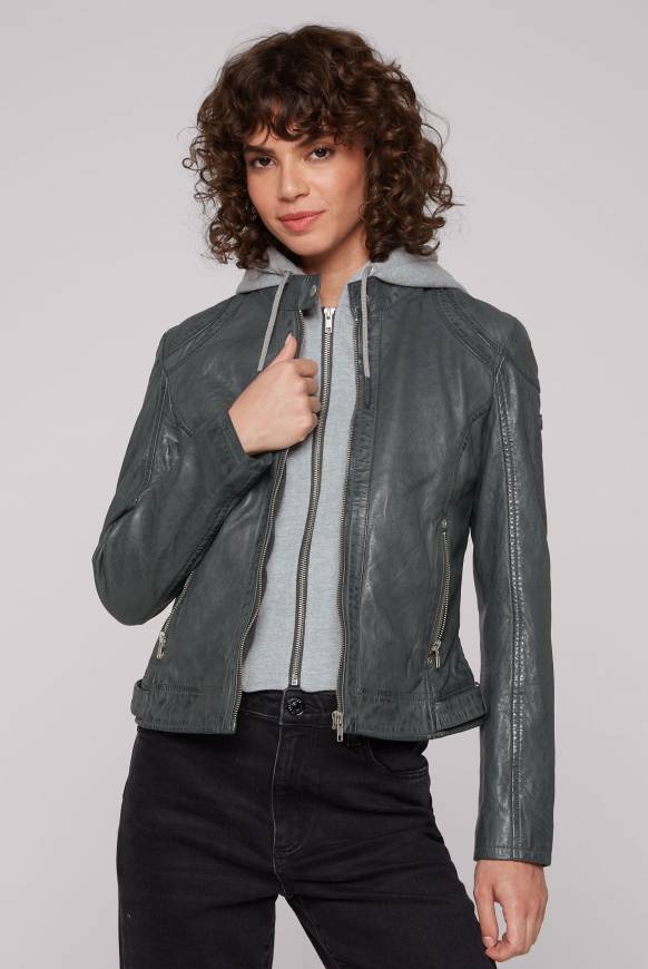 Soccx Lederjacke im Biker-Stil mit Kapuzeneinsatz dark green