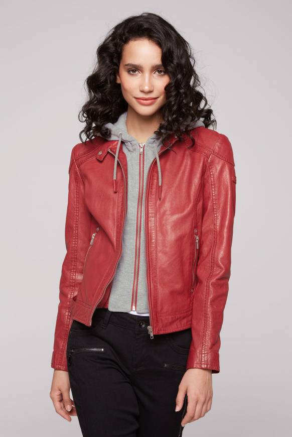 Soccx Lederjacke im Biker-Stil mit Kapuzeneinsatz red