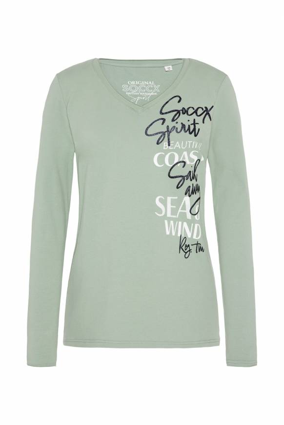Soccx Longsleeve Mit V-Ausschnitt Und Glitter-Puff-Prints Muted Aqua