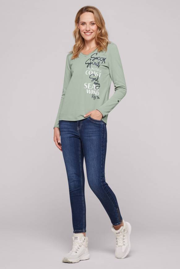 Soccx Longsleeve Mit V-Ausschnitt Und Glitter-Puff-Prints Muted Aqua