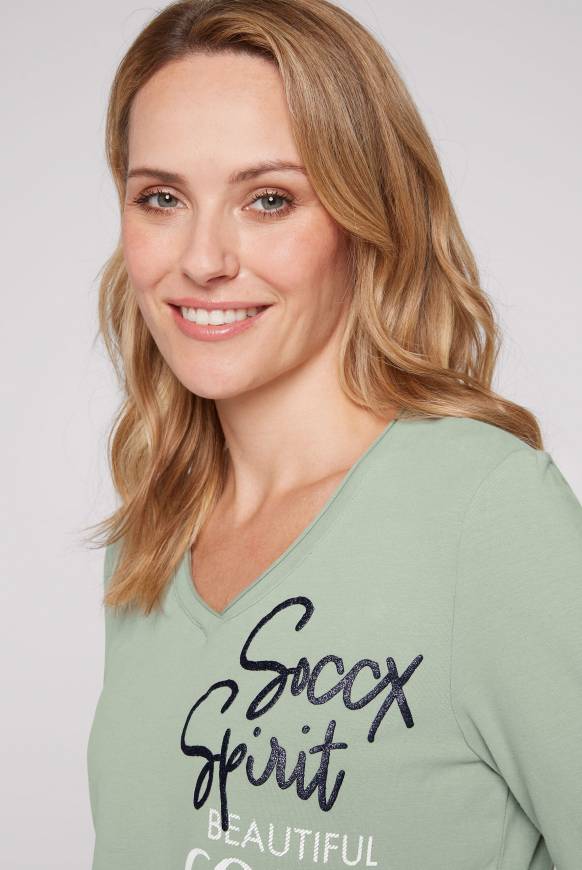 Soccx Longsleeve Mit V-Ausschnitt Und Glitter-Puff-Prints Muted Aqua