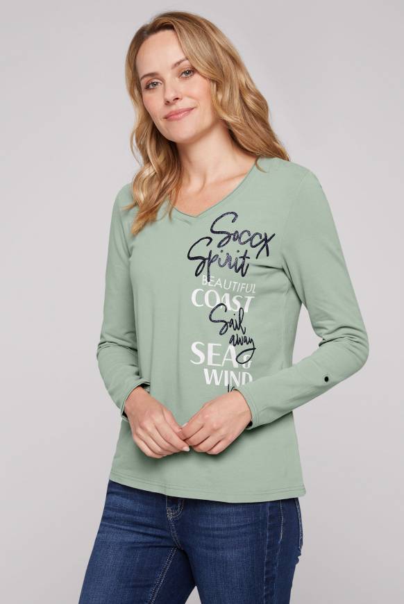 Soccx Longsleeve mit V-Ausschnitt und Glitter-Puff-Prints muted aqua
