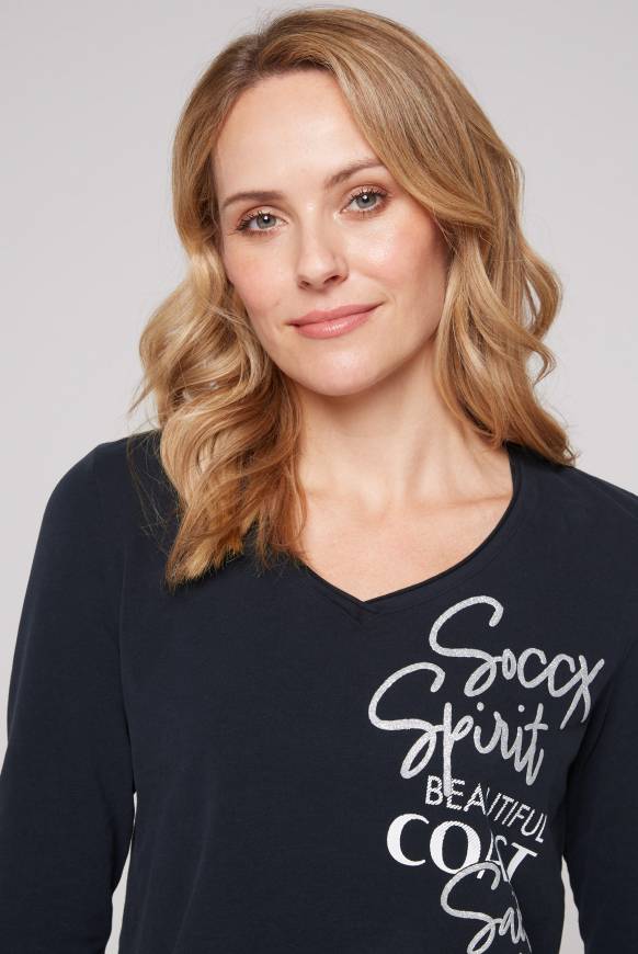 Soccx Longsleeve Mit V-Ausschnitt Und Glitter-Puff-Prints Blue Navy