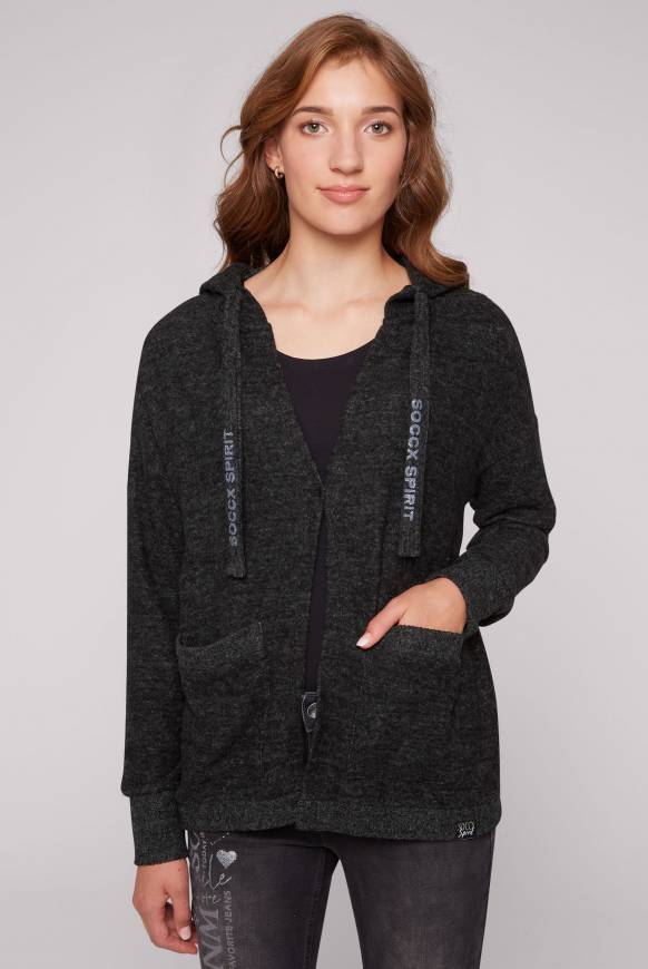 Soccx Offener Kurz-Cardigan mit Kapuze black melange