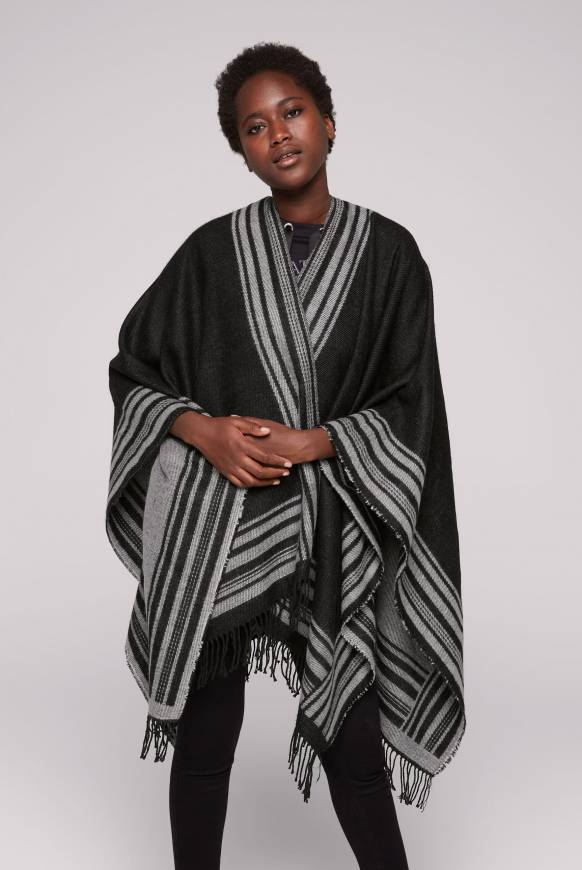 Soccx Poncho mit Streifen-Design und Fransen black / grey