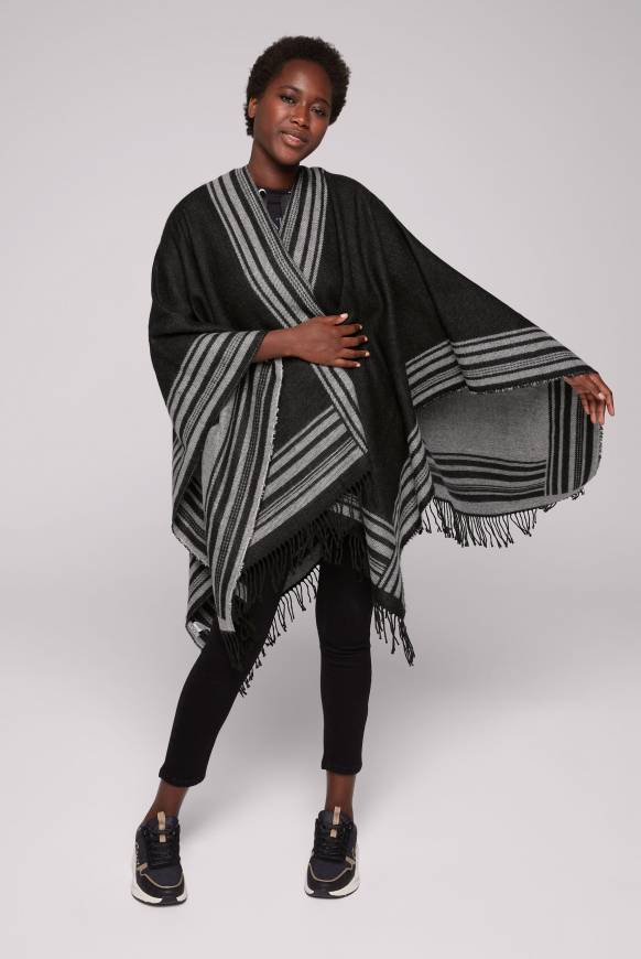 Soccx Poncho Mit Streifen-Design Und Fransen Black / Grey