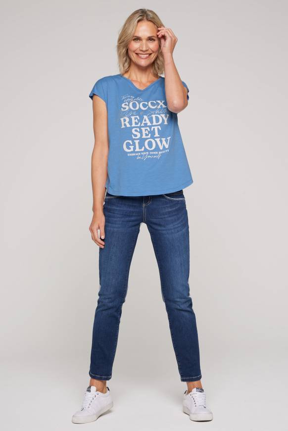 Soccx Shirt Mit V-Ausschnitt Und Wording Print Airy Blue