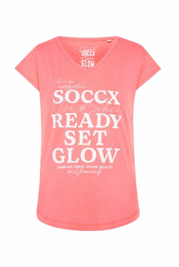 Soccx Shirt Mit V-Ausschnitt Und Wording Print Neon Pink
