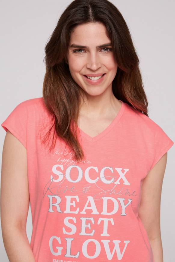 Soccx Shirt Mit V-Ausschnitt Und Wording Print Neon Pink