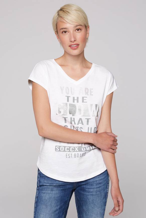 Soccx Shirt mit V-Ausschnitt und Wording Print opticwhite