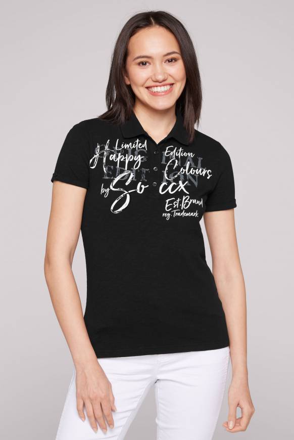 Soccx Kurzarmpolo mit Print und Pailletten black