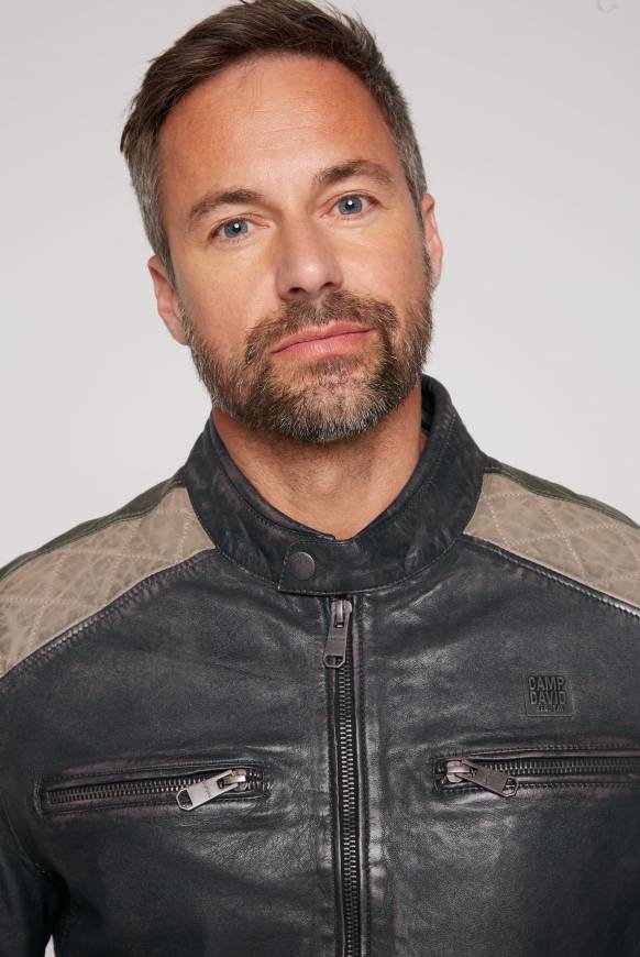 Soccx Lederjacke Im Racing-Stil Mit Patches Navy