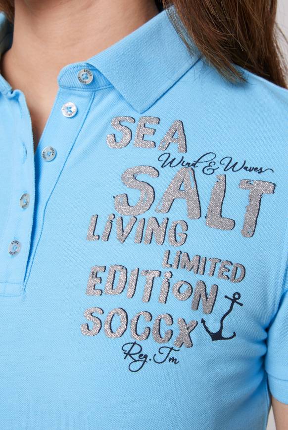 Soccx Poloshirt Aus Pikee Mit Glitter Print Aqua