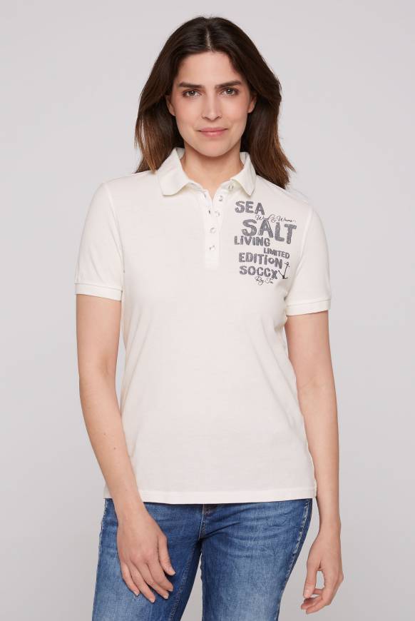 Soccx Poloshirt aus Pikee mit Glitter Print ivory
