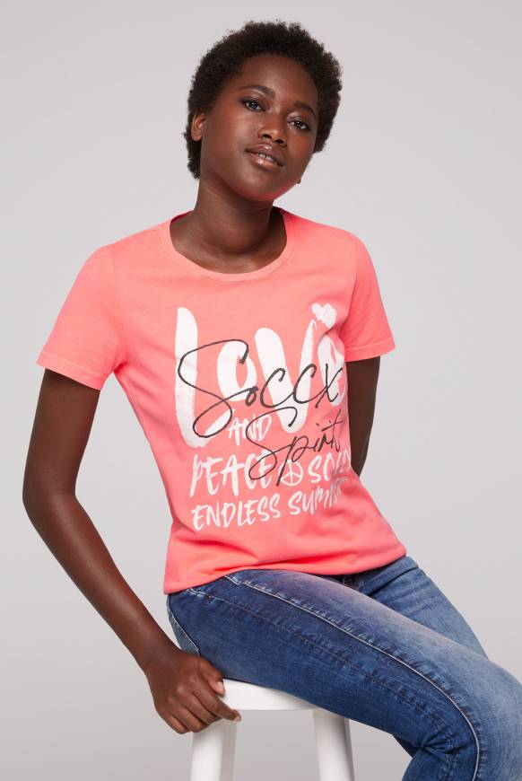 Soccx T-Shirt mit Glitter-Puff-Print neon pink