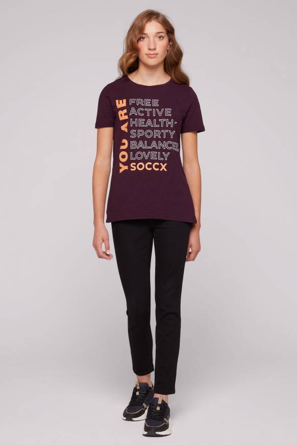 Soccx T-Shirt Rundhals Mit Wording Print Deep Plum