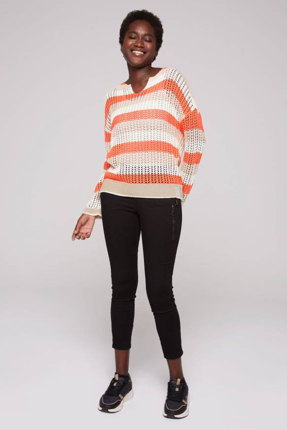 Soccx Streifenpullover In Ajourstrick Neon Orange / Dark Kitt