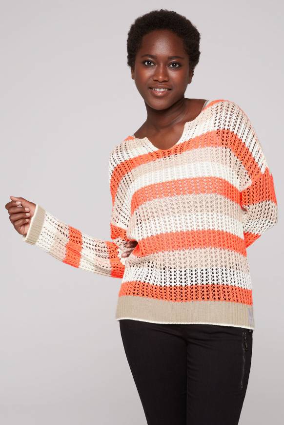 Soccx Streifenpullover in Ajourstrick neon orange / dark kitt