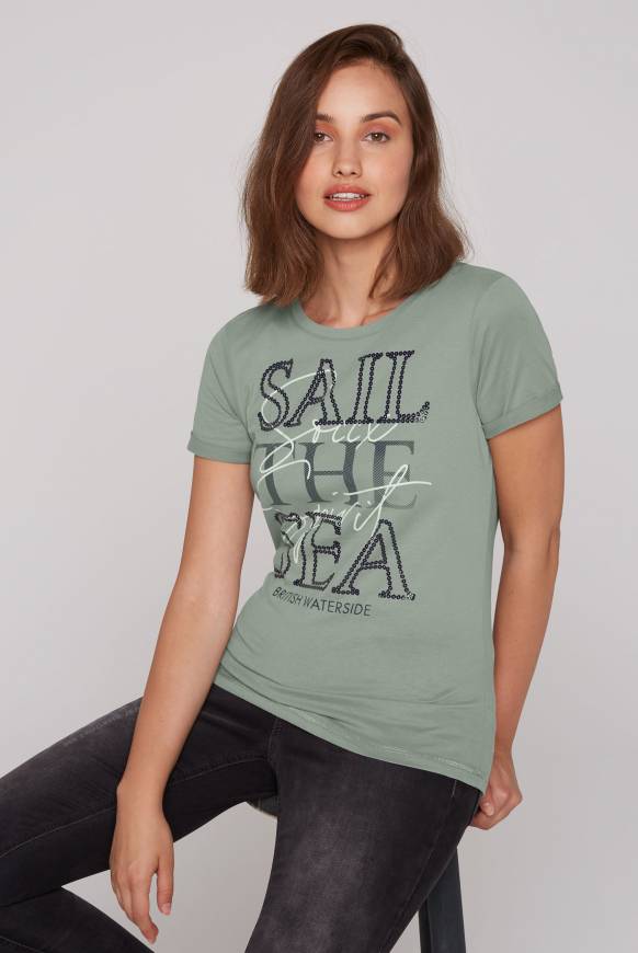Soccx T-Shirt Mit Rundhalsausschnitt Und Glossy-Pailletten-Print Muted Aqua