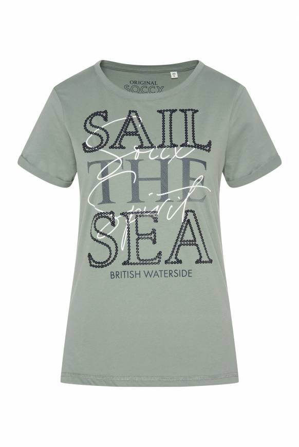 Soccx T-Shirt Mit Rundhalsausschnitt Und Glossy-Pailletten-Print Muted Aqua