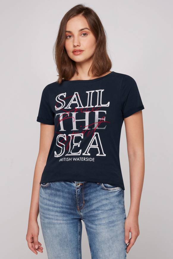 Soccx T-Shirt mit U-Boot-Ausschnitt und Glossy-Pailletten-Print blue navy