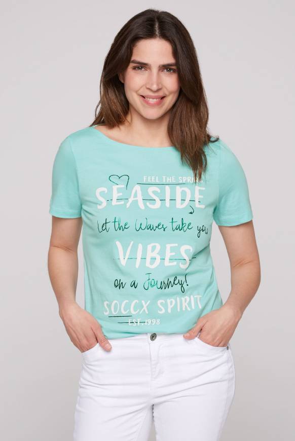 Soccx T-Shirt mit U-Boot-Ausschnitt und Wording Print flash aqua