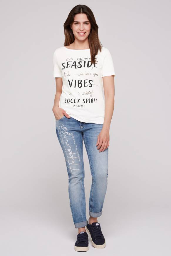 Soccx T-Shirt Mit U-Boot-Ausschnitt Und Wording Print Ivory