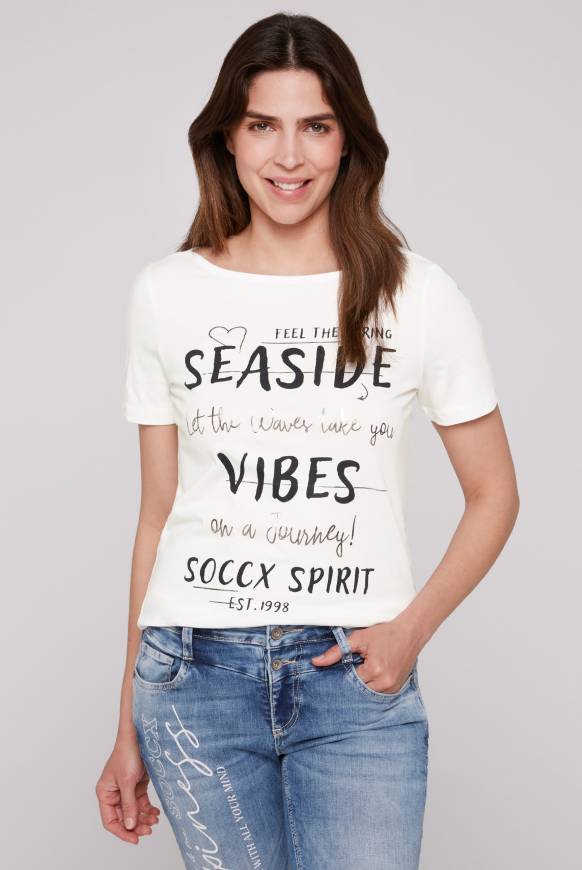 Soccx T-Shirt mit U-Boot-Ausschnitt und Wording Print ivory
