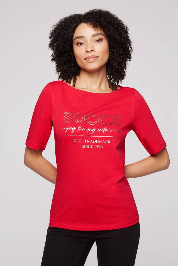 Soccx T-Shirt mit U-Bootausschnitt und Print clear red
