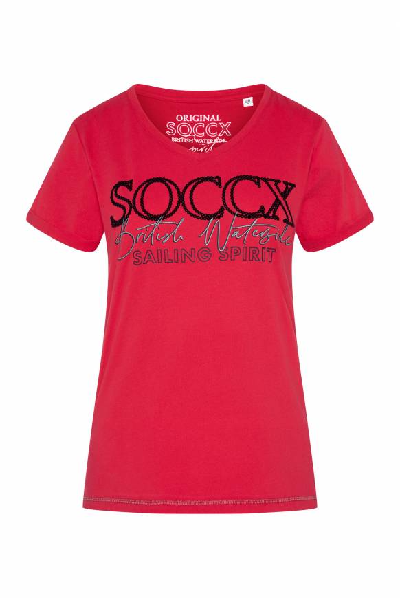 Soccx T-Shirt Mit V-Ausschnitt Und Glitter Print Clear Red