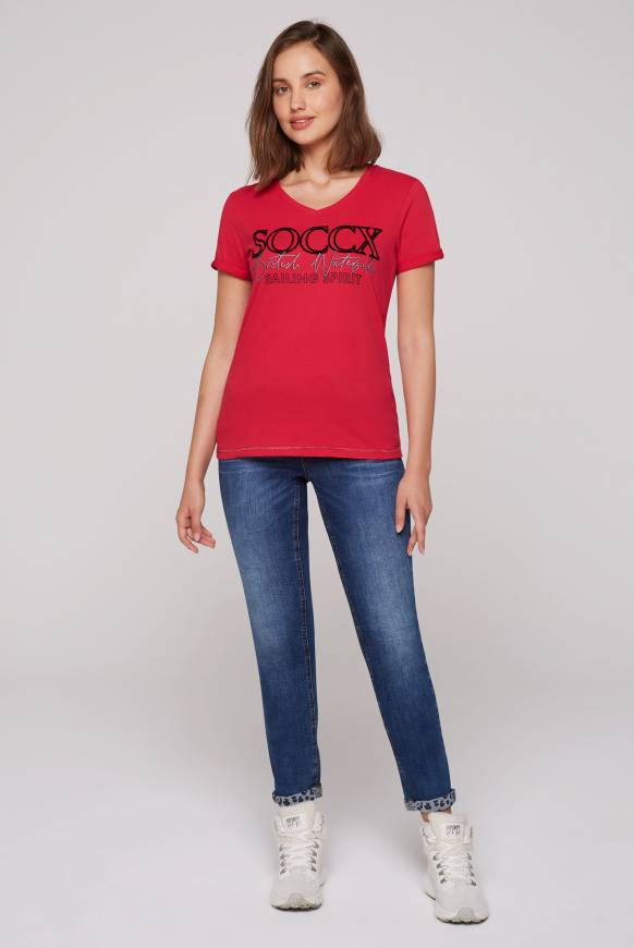 Soccx T-Shirt Mit V-Ausschnitt Und Glitter Print Clear Red
