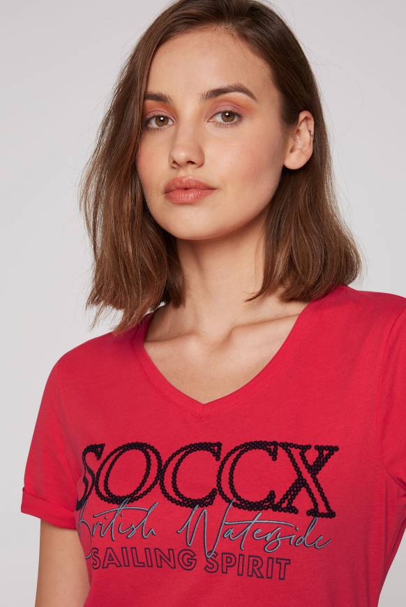 Soccx T-Shirt Mit V-Ausschnitt Und Glitter Print Clear Red