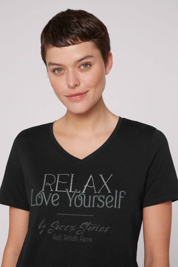 Soccx T-Shirt Mit V-Ausschnitt Und Glitter Wording Black