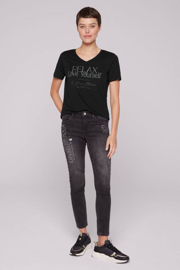 Soccx T-Shirt Mit V-Ausschnitt Und Glitter Wording Black