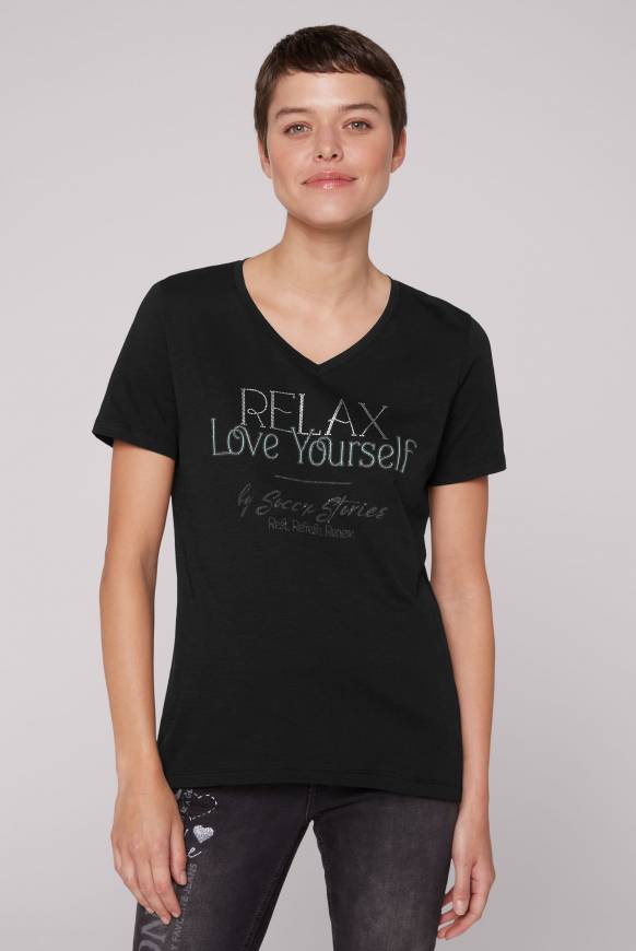 Soccx T-Shirt mit V-Ausschnitt und Glitter Wording black