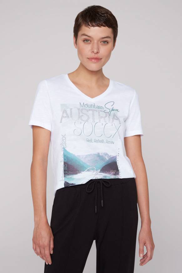 Soccx T-Shirt mit V-Ausschnitt und Photoprint opticwhite