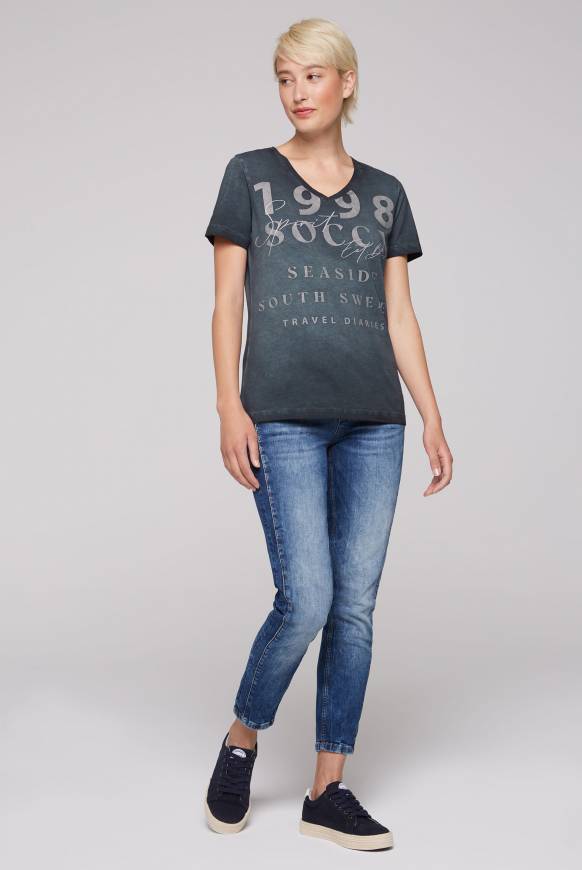 Soccx T-Shirt Mit V-Ausschnitt Und Wording Print Blue Navy