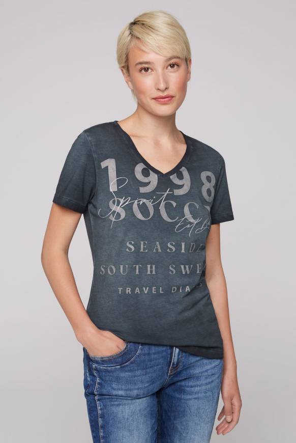 Soccx T-Shirt mit V-Ausschnitt und Wording Print blue navy