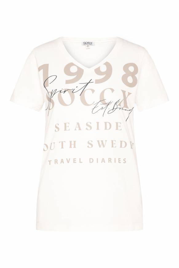 Soccx T-Shirt Mit V-Ausschnitt Und Wording Print Ivory