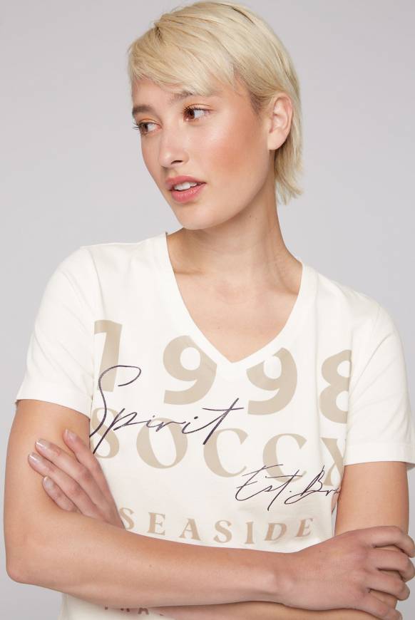Soccx T-Shirt Mit V-Ausschnitt Und Wording Print Ivory