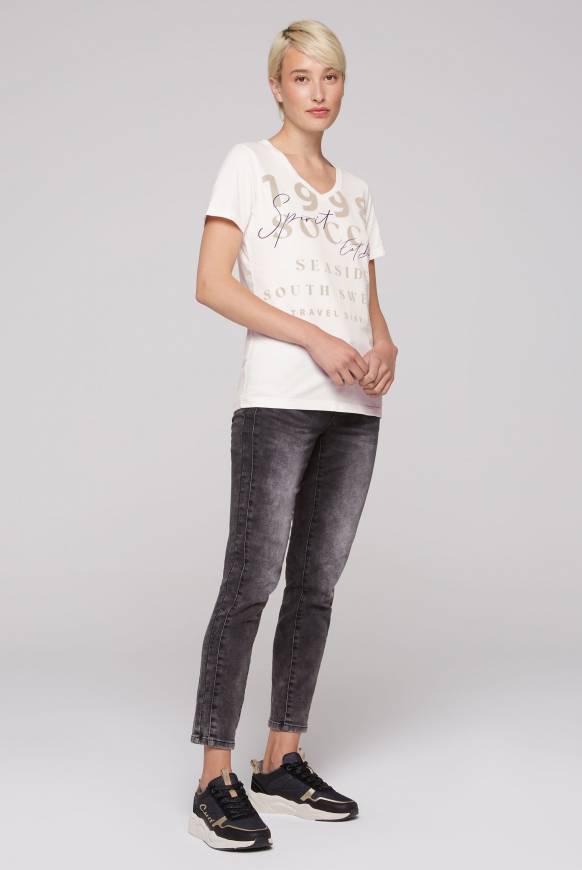 Soccx T-Shirt Mit V-Ausschnitt Und Wording Print Ivory