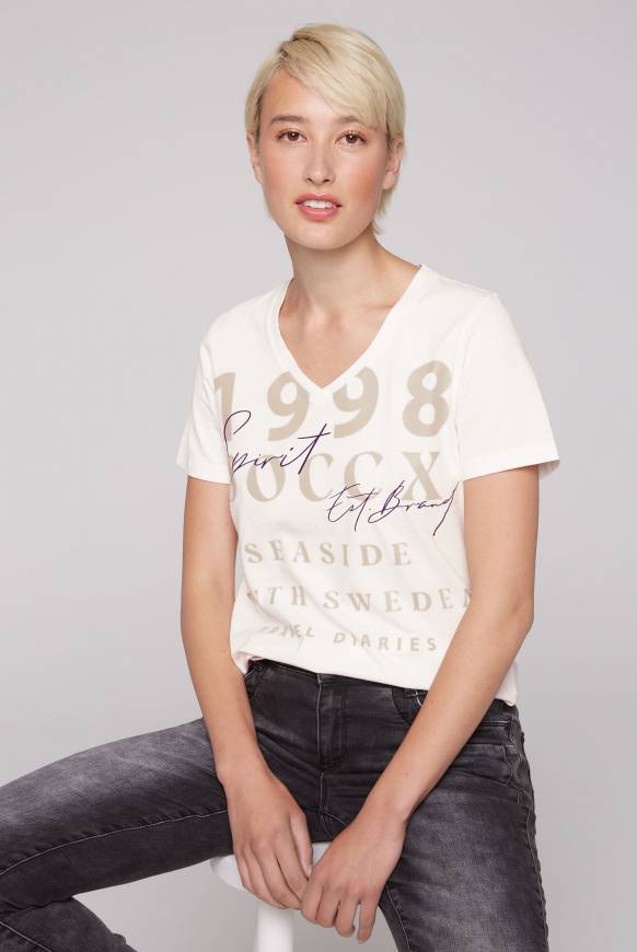 Soccx T-Shirt mit V-Ausschnitt und Wording Print ivory