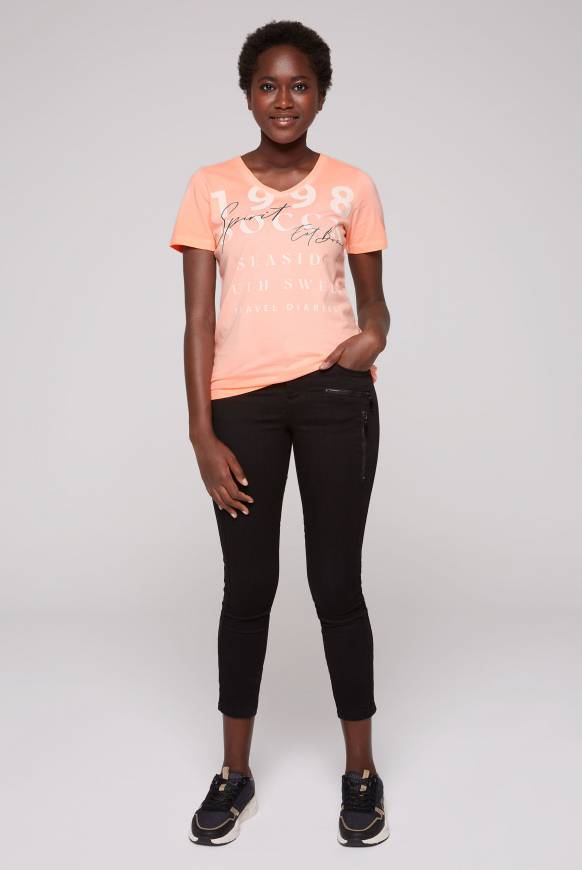 Soccx T-Shirt Mit V-Ausschnitt Und Wording Print Neon Orange