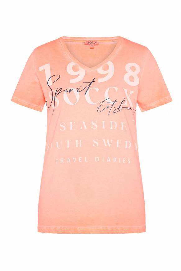 Soccx T-Shirt Mit V-Ausschnitt Und Wording Print Neon Orange