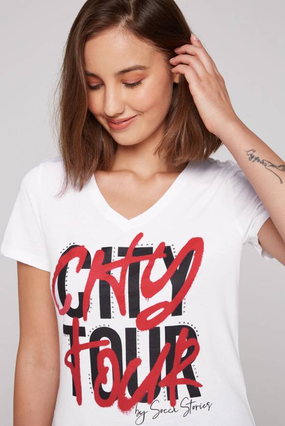 Soccx T-Shirt Mit Wording Print Und Schmucksteinen Opticwhite