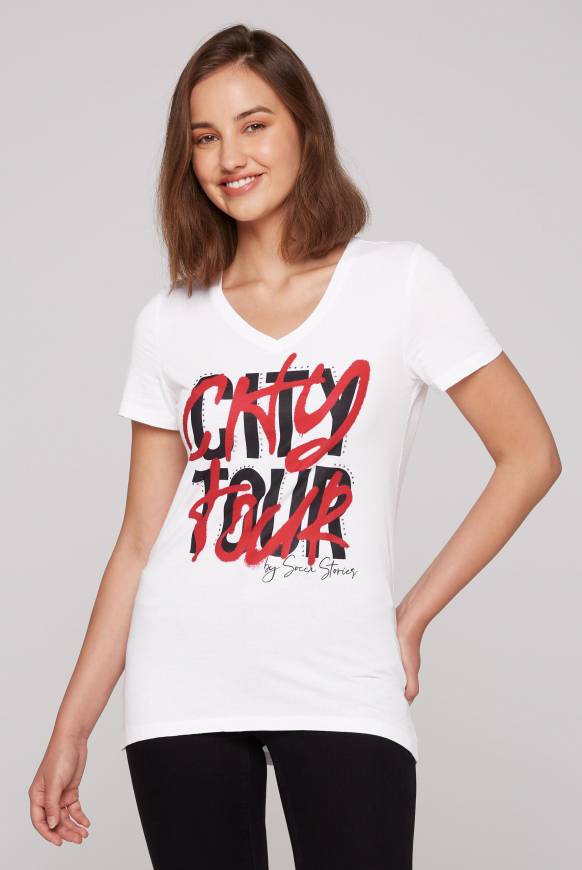 Soccx T-Shirt mit Wording Print und Schmucksteinen opticwhite