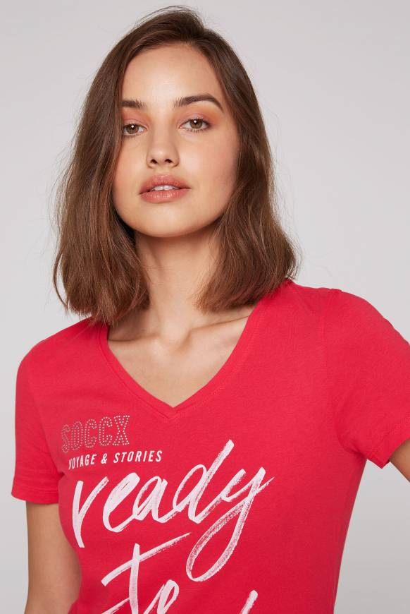 Soccx T-Shirt Mit Wording Print Und Schmucksteinen Pinky Red