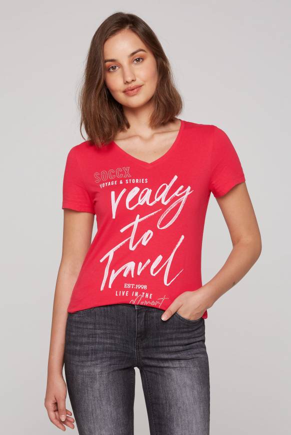 Soccx T-Shirt mit Wording Print und Schmucksteinen pinky red